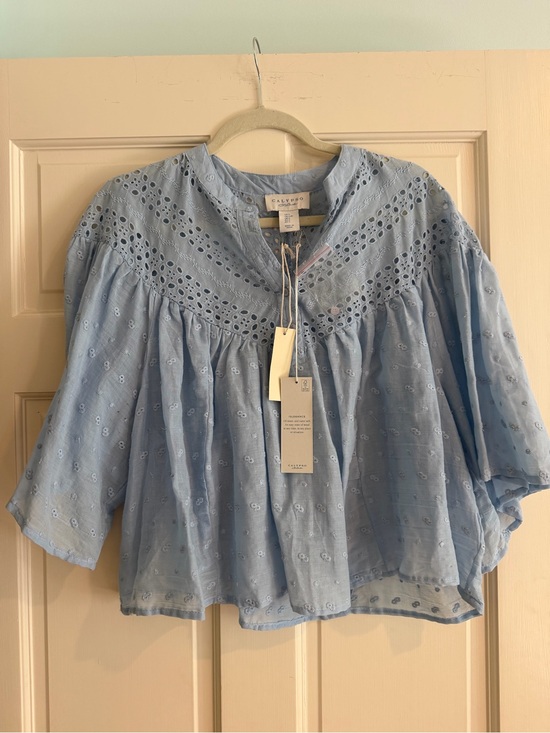 Calypso St. Barth Tops - Calypso St. Barth Pale Blue Eyelet Peasant Blouse